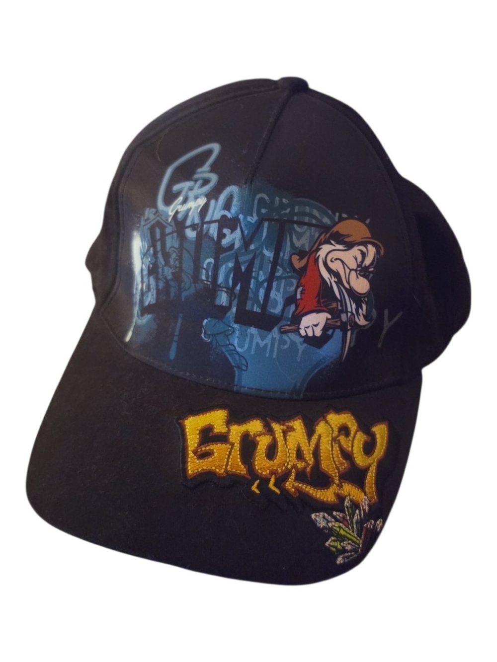 Grumpy Character Baseball Cap in Black with Yellow Embroidery